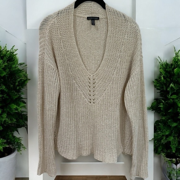 Eileen Fisher Ivory Knit V-Neck Long Sleeve Blouse Organic Linen Blend Size M - Picture 1 of 11